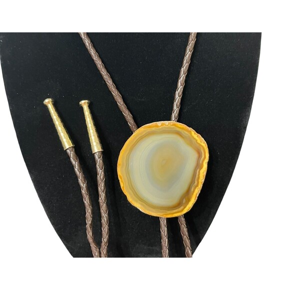 Vintage Brazilian Natural Stone Agate Bolo Tie Polished Slab Western Cowboy